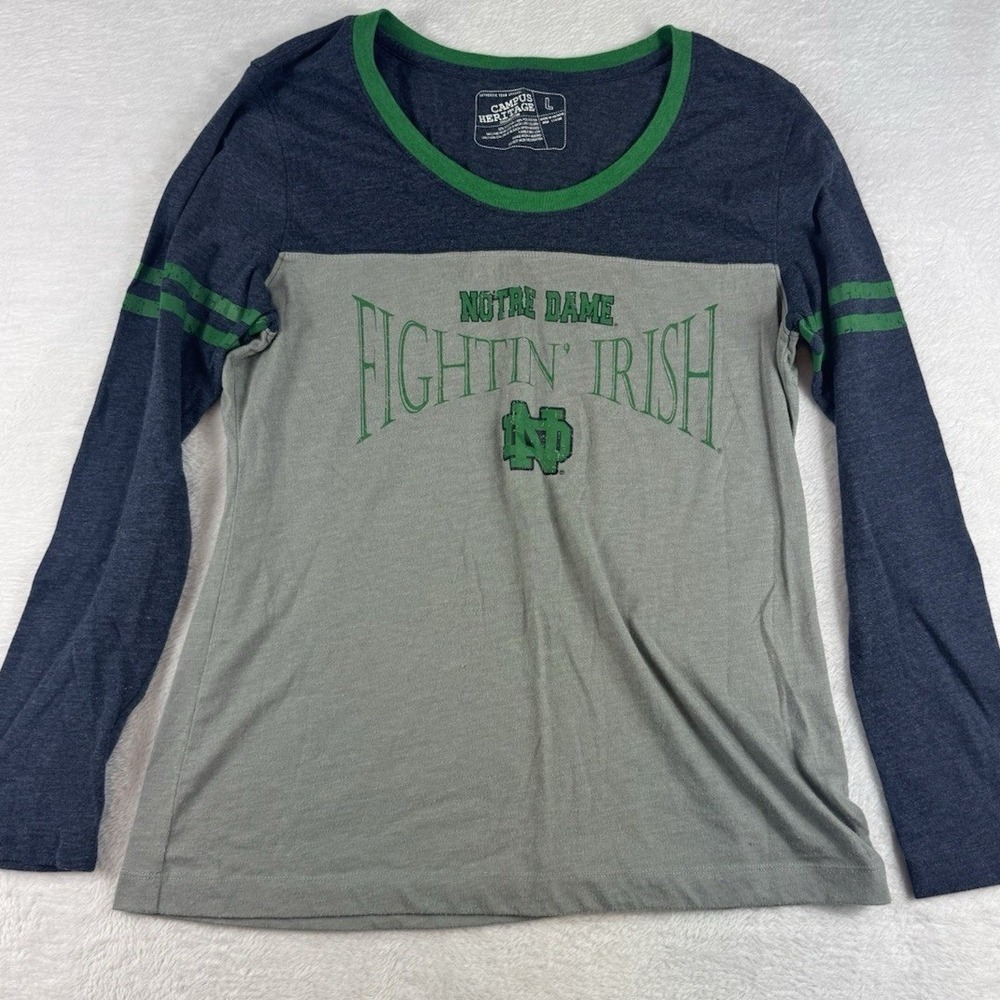 Campus Heritage Notre Dame Fighting Irish Long Sleeve Shirt Gray Navy Womens L